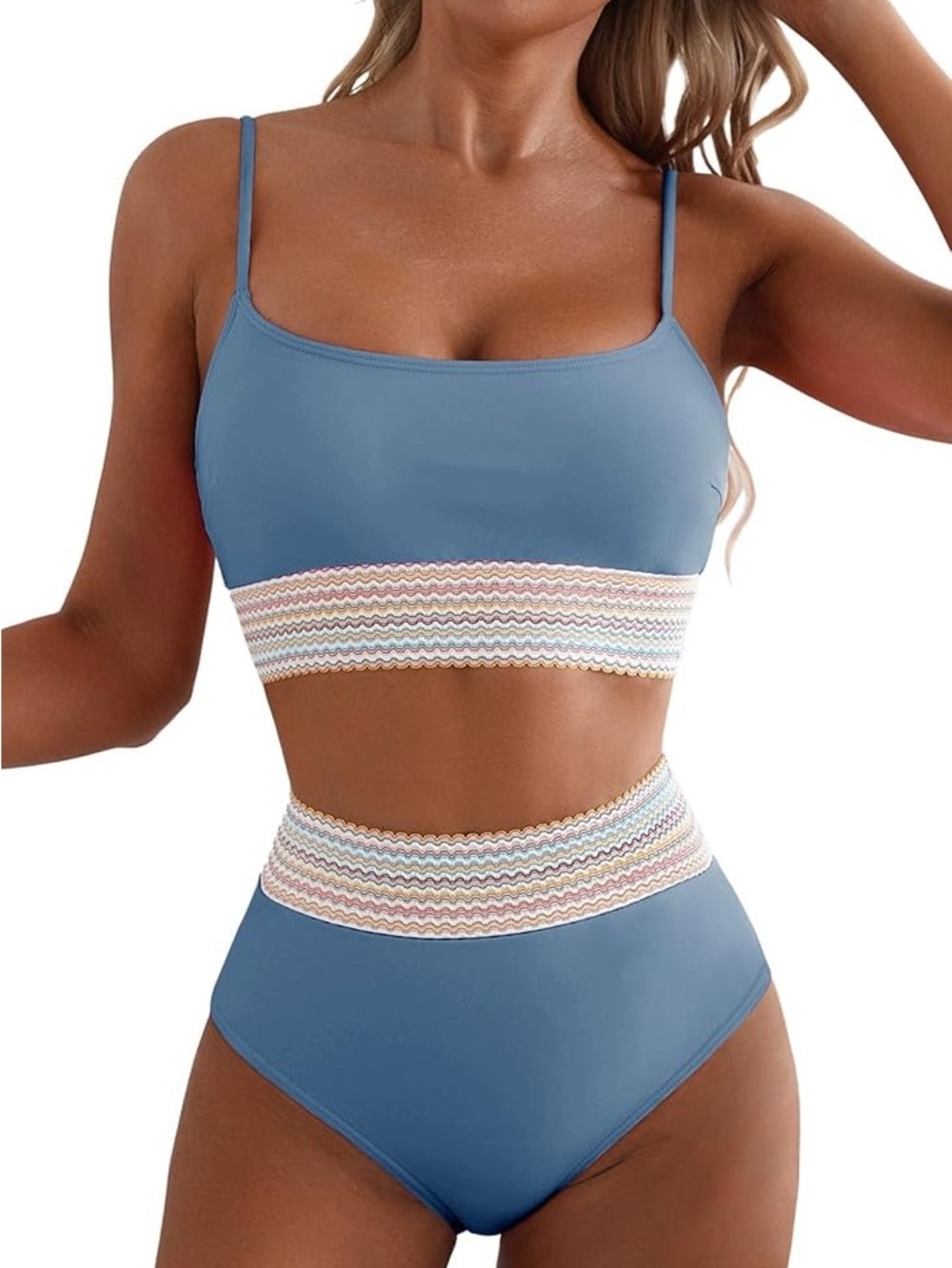 Blue High-Waist Two-Piece Bikini with Chevron Waistband